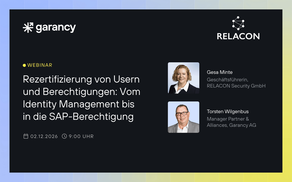 Garancy Webinar-Titelbild mit RELACON Security zu Rezertifizierung und SAP-Berechtigungen