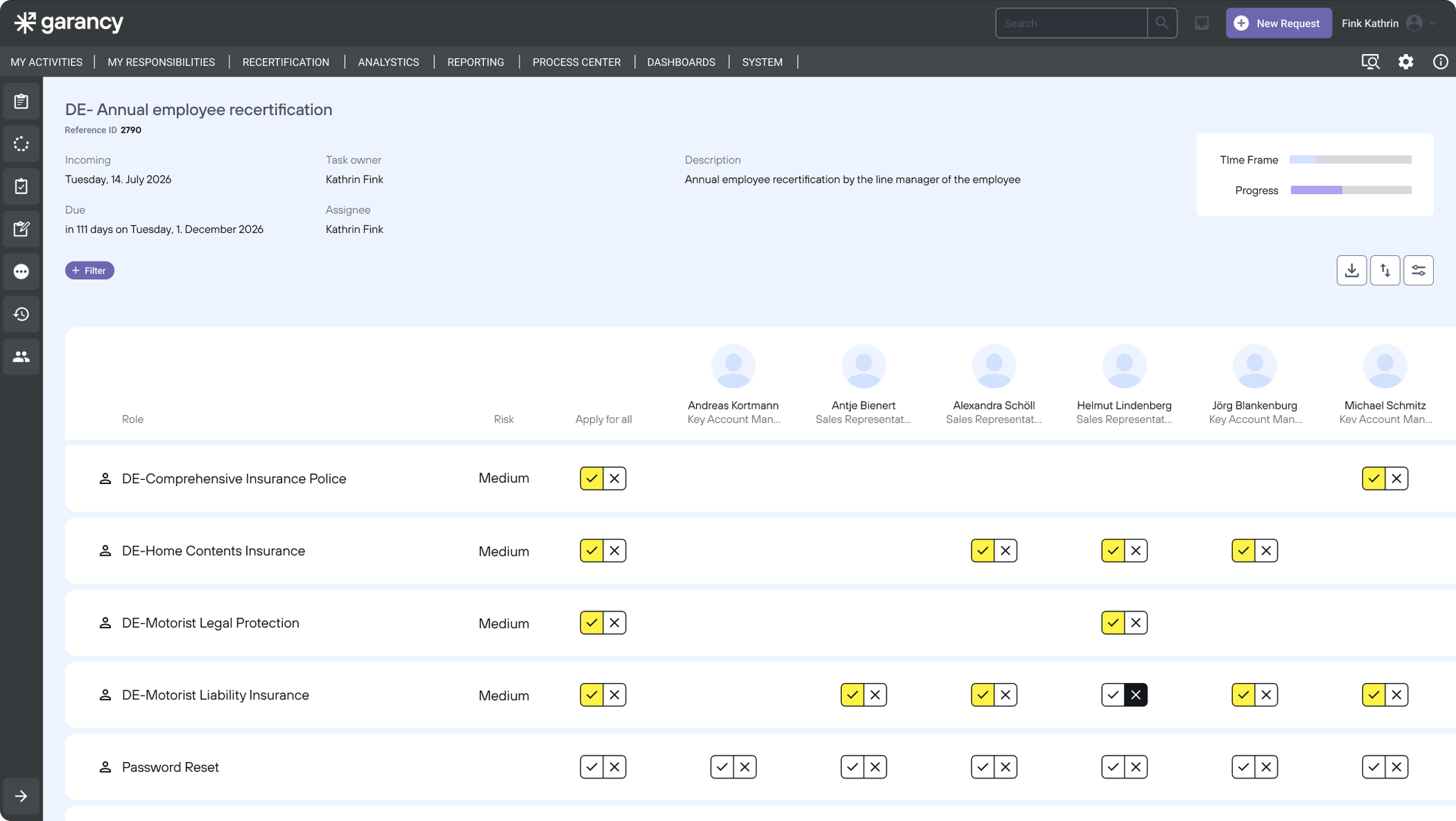 Employee recertification screen in Garancy identity management solution