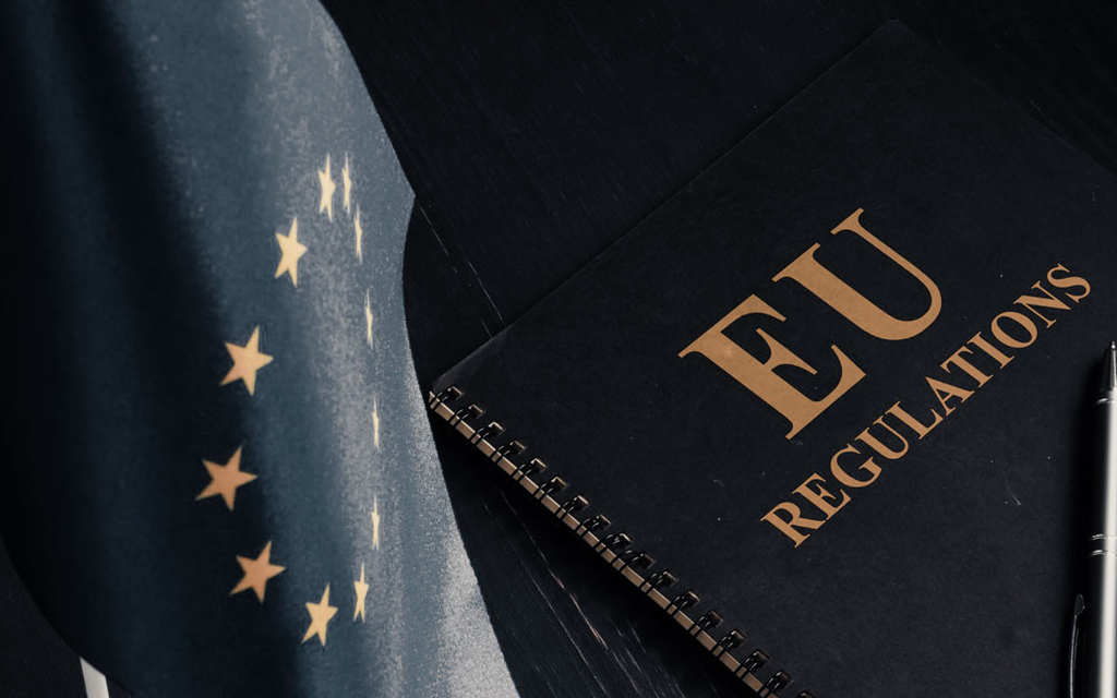 Schwarzes Buch mit der Aufschrift EU Regulation neben Europa-Flagge