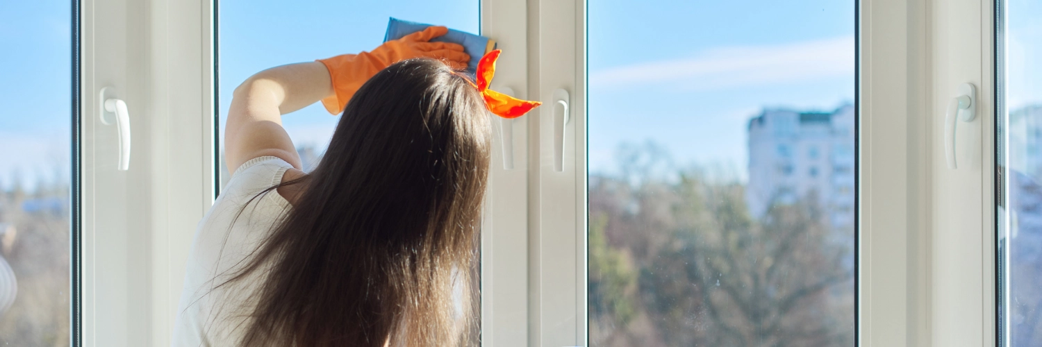Eine Person wischt mit einem Tuch über ein Fenster um es zu putzen