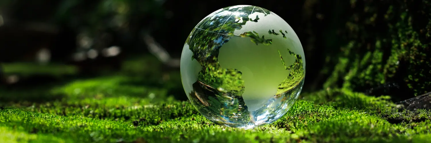 ein grüner Hintergrund und Untergrund mit einer Weltkugel aus Glas darauf