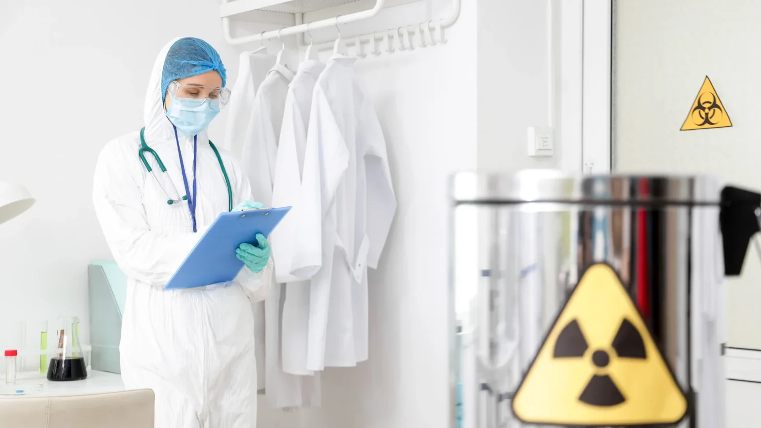 Eine medizinische Fachkraft in Schutzkleidung, mit einem Klemmbrett in der Hand, in einem Labor mit Warnschildern für Biogefährdung und Radioaktivität.