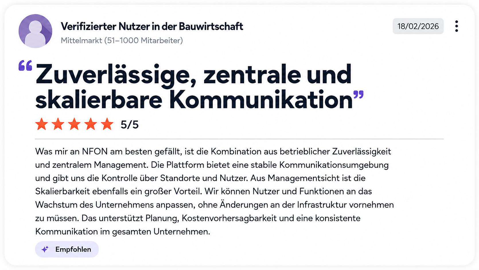 Bewertungskarte eines verifizierten Nutzers aus der Bauwirtschaft mit 5-Sterne-Bewertung und Zitat über zuverlässige, zentrale und skalierbare Kommunikation mit NFON.