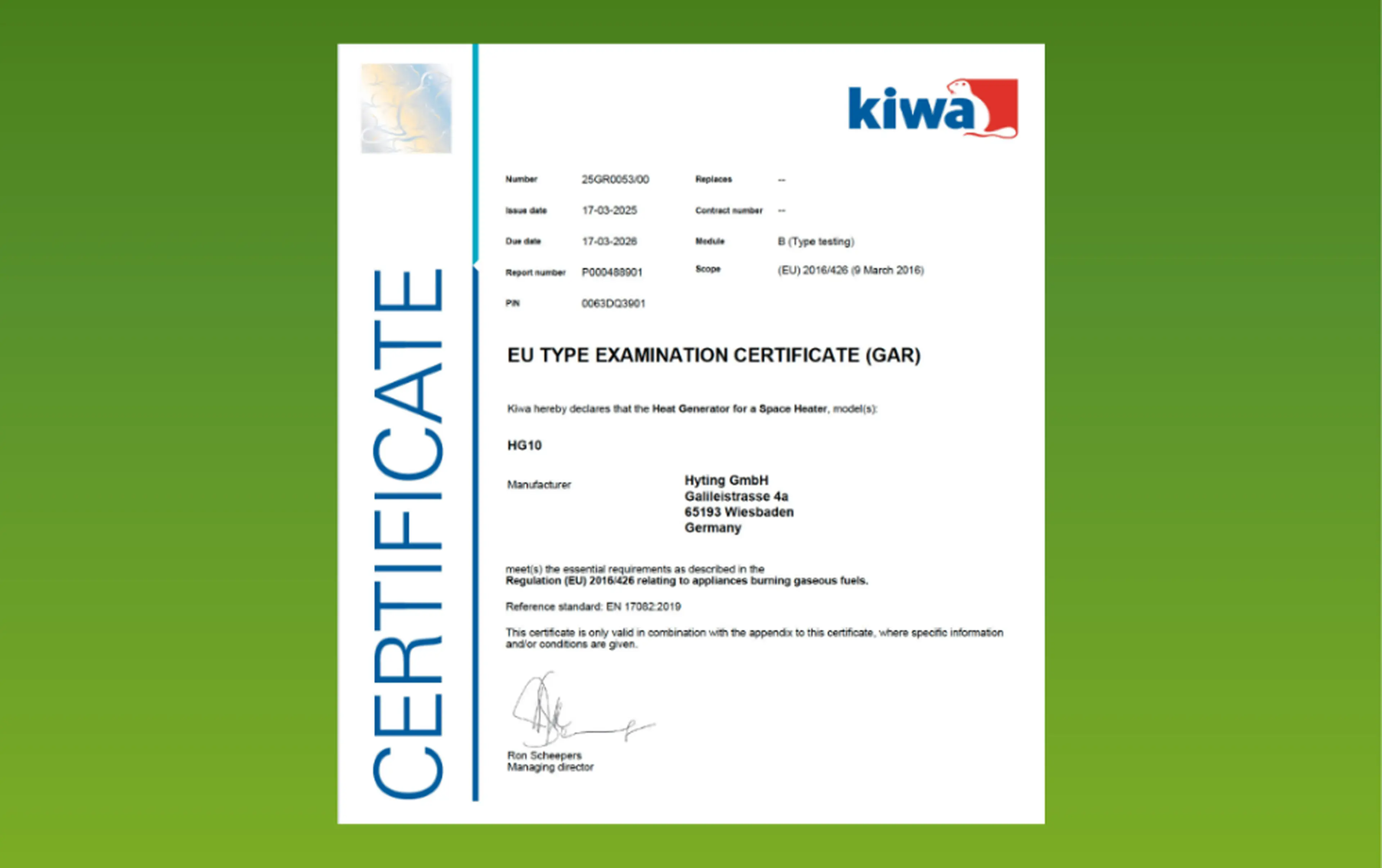 GAR-Zertifizierung gibt HYTING grünes Licht ihre Wasserstoff-Heizlösungen in Europa zu implementieren