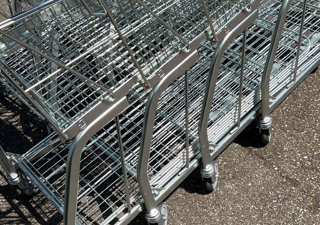 Een rij metalen winkelwagentjes op elkaar gestapeld op een zonovergoten asfaltoppervlak.