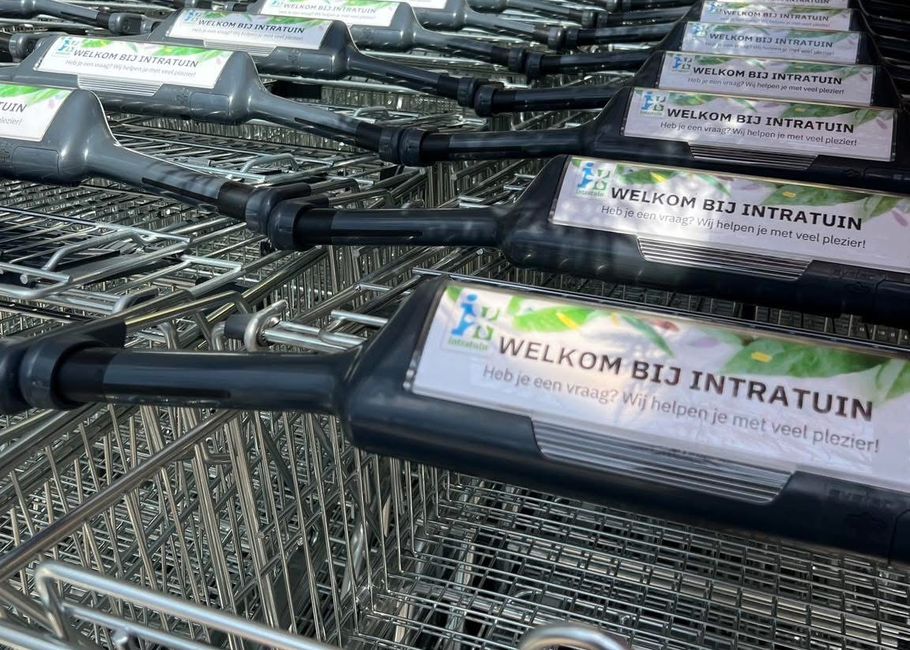 Rijen winkelwagentjes met 'Welkom bij Intratuin'-borden, opgesteld buiten een winkel onder een gestreepte luifel.