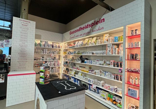 Apotheekgedeelte met witte schappen met diverse gezondheidsproducten, onder een bord met de tekst 'Gezondheidsplein'.