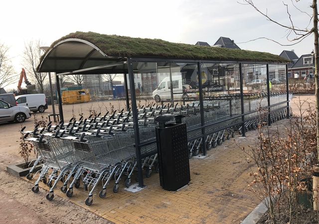 Een overdekt karrenstation buiten met een groen dak, waarin rijen winkelwagentjes staan, op een parkeerplaats met een paar voertuigen en gebouwen in de buurt.