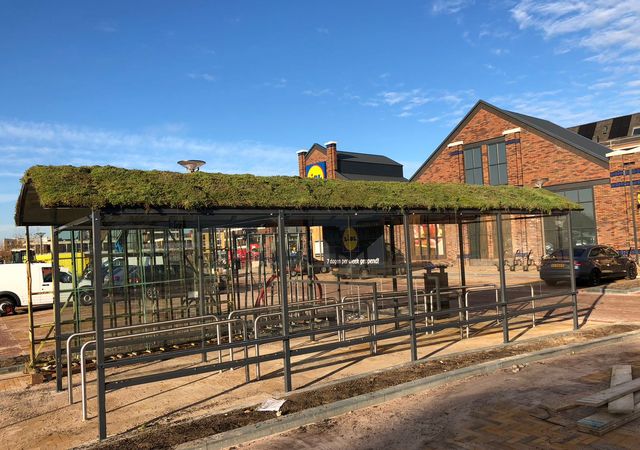 Een winkelwagen stalling met een groendak bedekt met gras, gelegen nabij een bakstenen gebouw en de ingang van een supermarkt.