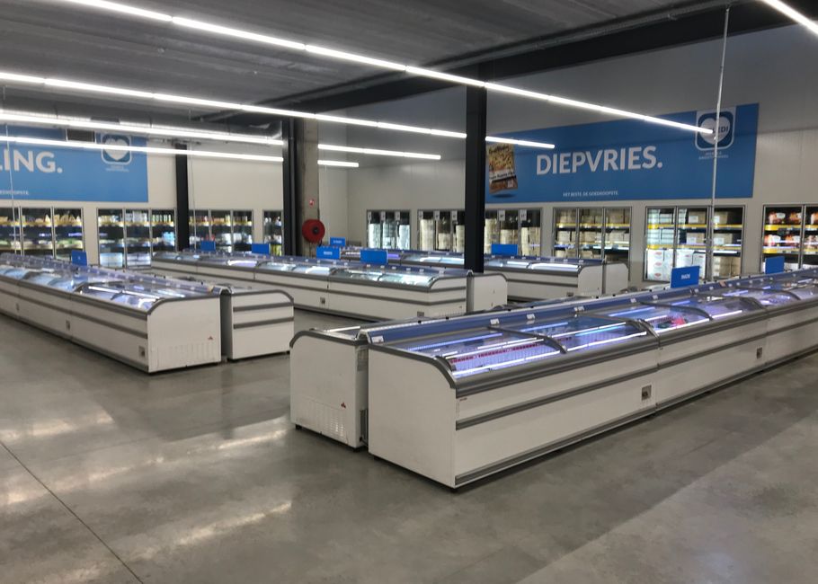 Een ruim supermarktpad met meerdere vriesunits en bovenverlichting, waarin diverse diepvriesproducten worden uitgestald.