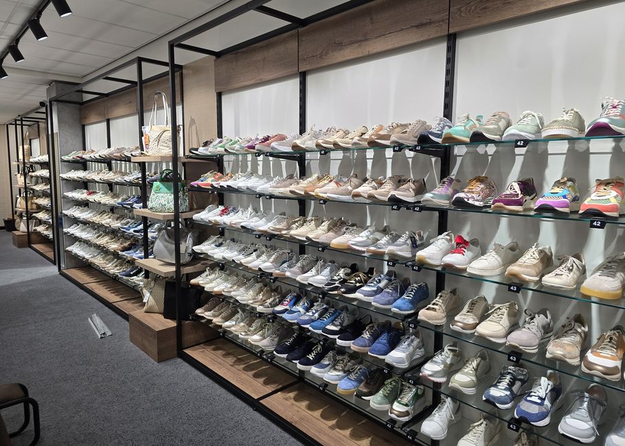 Wanddisplay van glazen planken gevuld met rijen kleurrijke sneakers en vrijetijdsschoenen in een schoenenwinkel.