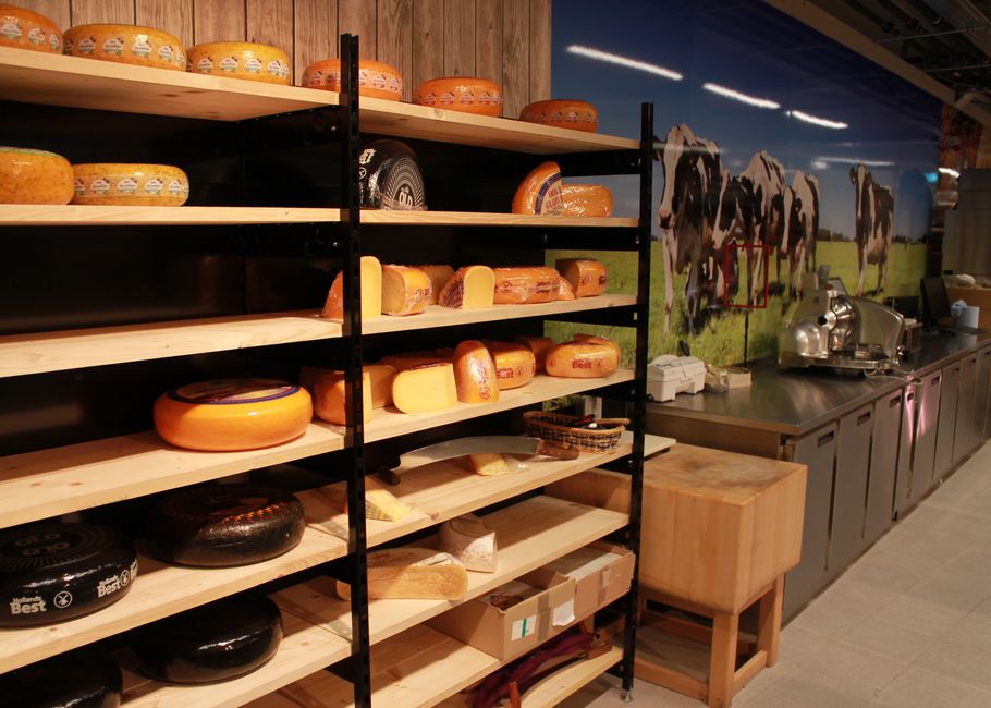 Houten planken gestapeld met grote kaaswielen in een winkel, een muurschildering van een koe aan de muur en een toonbank met een snijmachine.