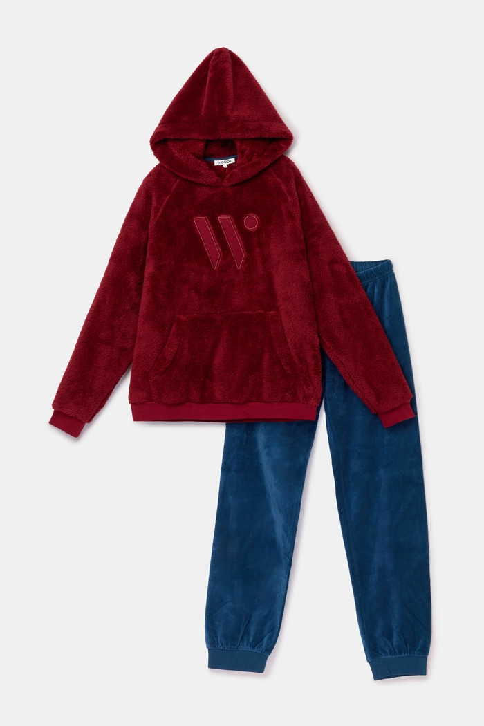 Volledig Woody Teddy huispak voor heren, met teddyhoodie en veloursbroek