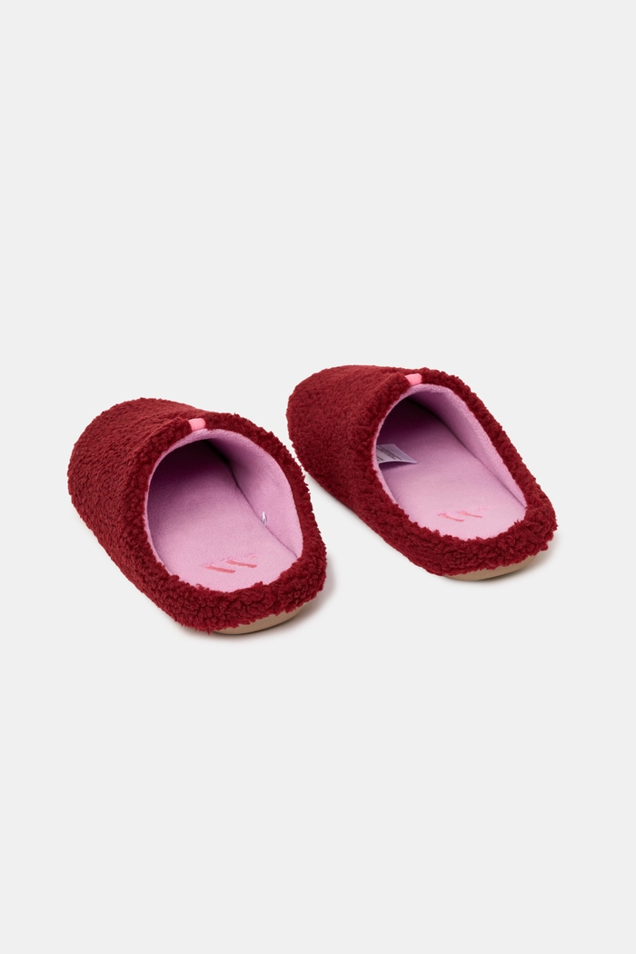 Detailfoto van Woody bordeaux slip-in pantoffels in zachte teddystof