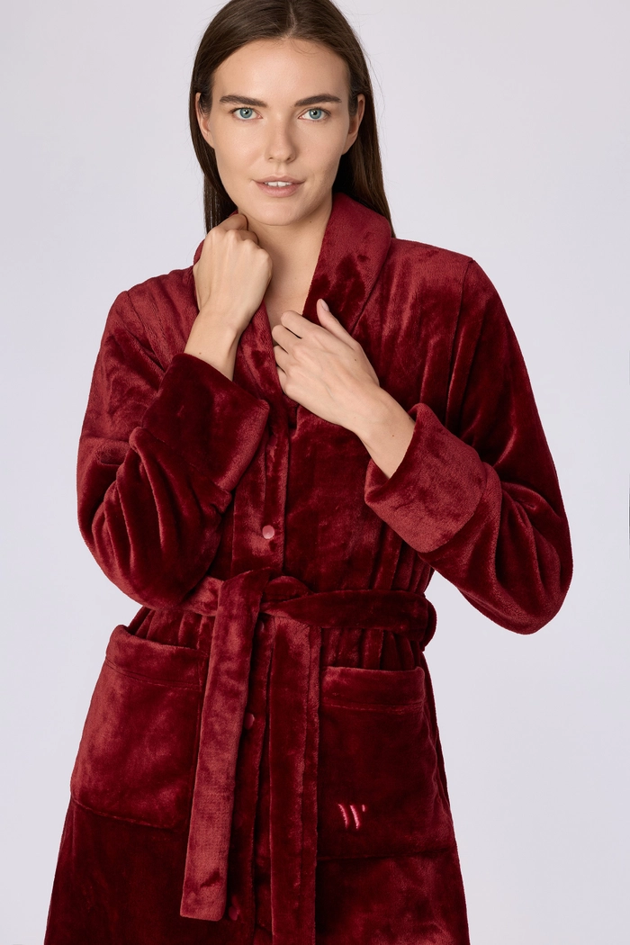 Woody bordeaux fleecebadjas voor dames, sfeerbeeld