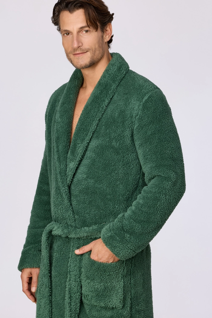 Detailfoto van de donkergroene Woody teddybadjas voor heren