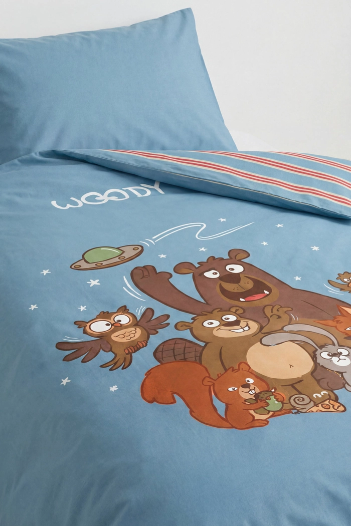 Blauw Woody eenpersoons dekbedovertrek met vrolijke dierenprint