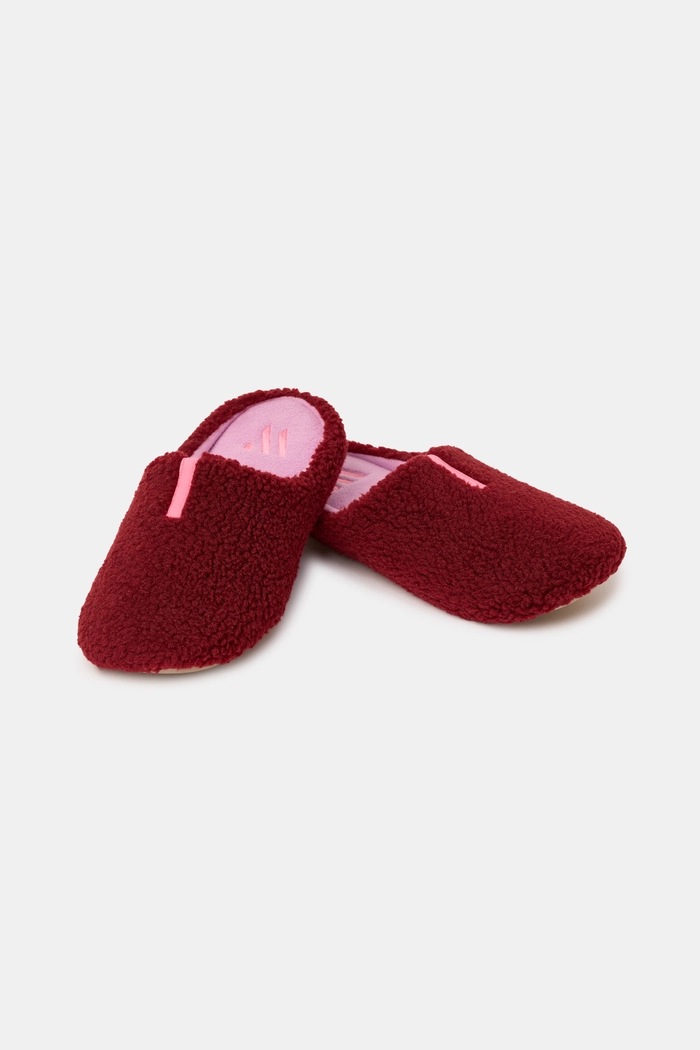 Woody slip-in pantoffels in bordeaux zachte teddystof