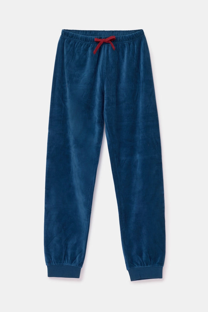 Detailfoto van de blauwe veloursbroek bij het Woody Teddy herenhuispak