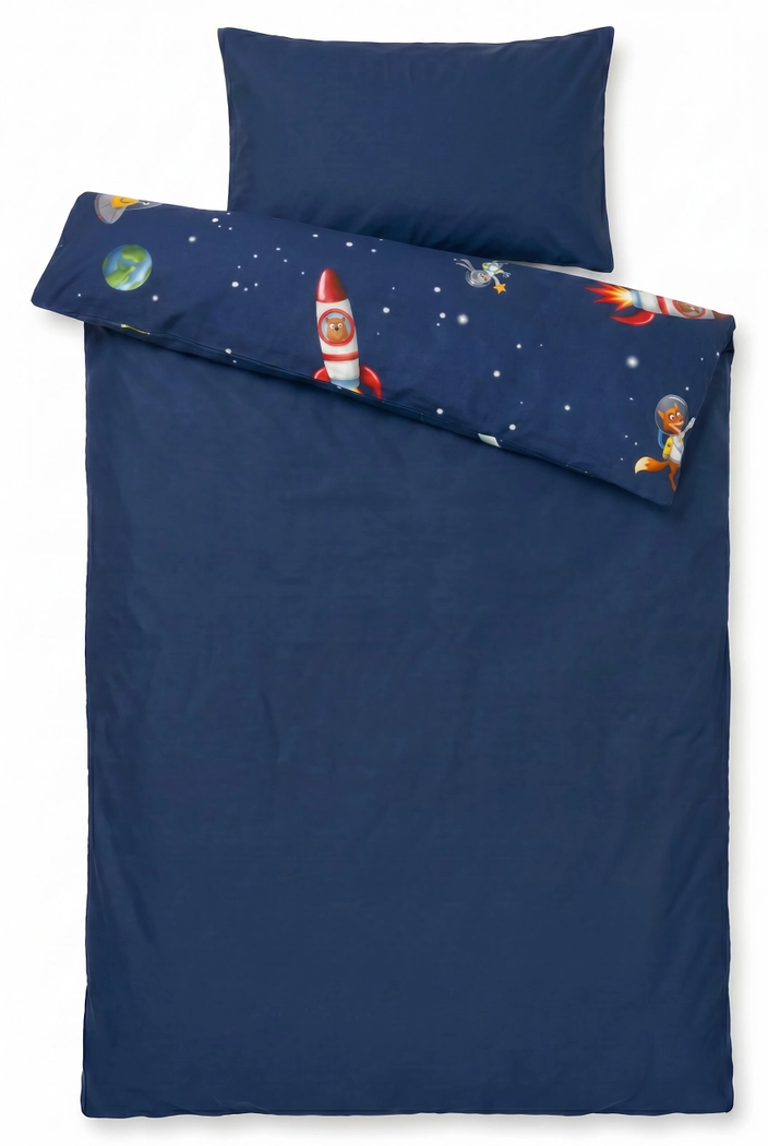 Woody blauw kinderdekbedovertrek met ruimtefiguurtjes