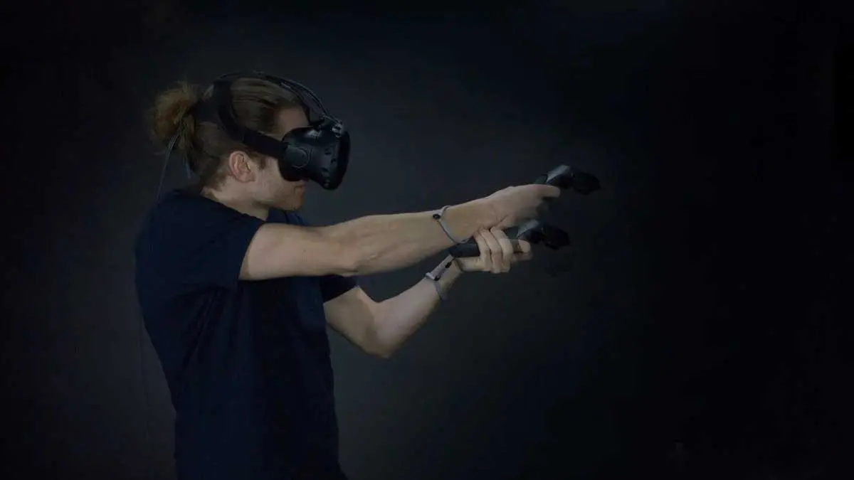 Person playing a game with a VR headset