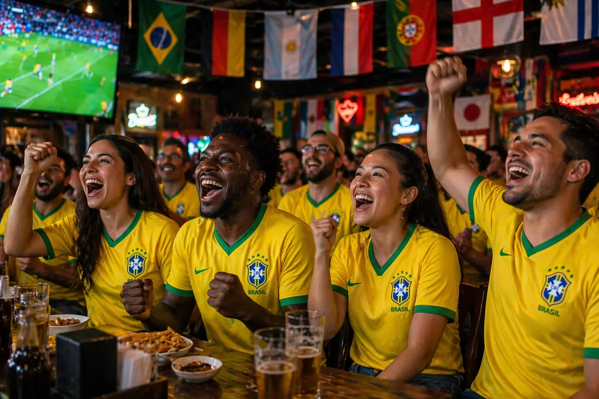 Cheering football fans watching the game in a bar