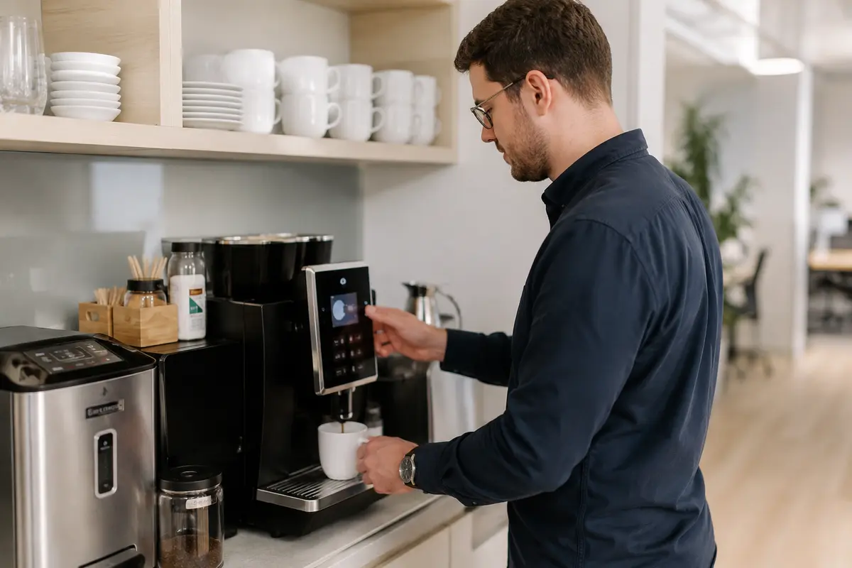 A person making coffee at a coffee station
