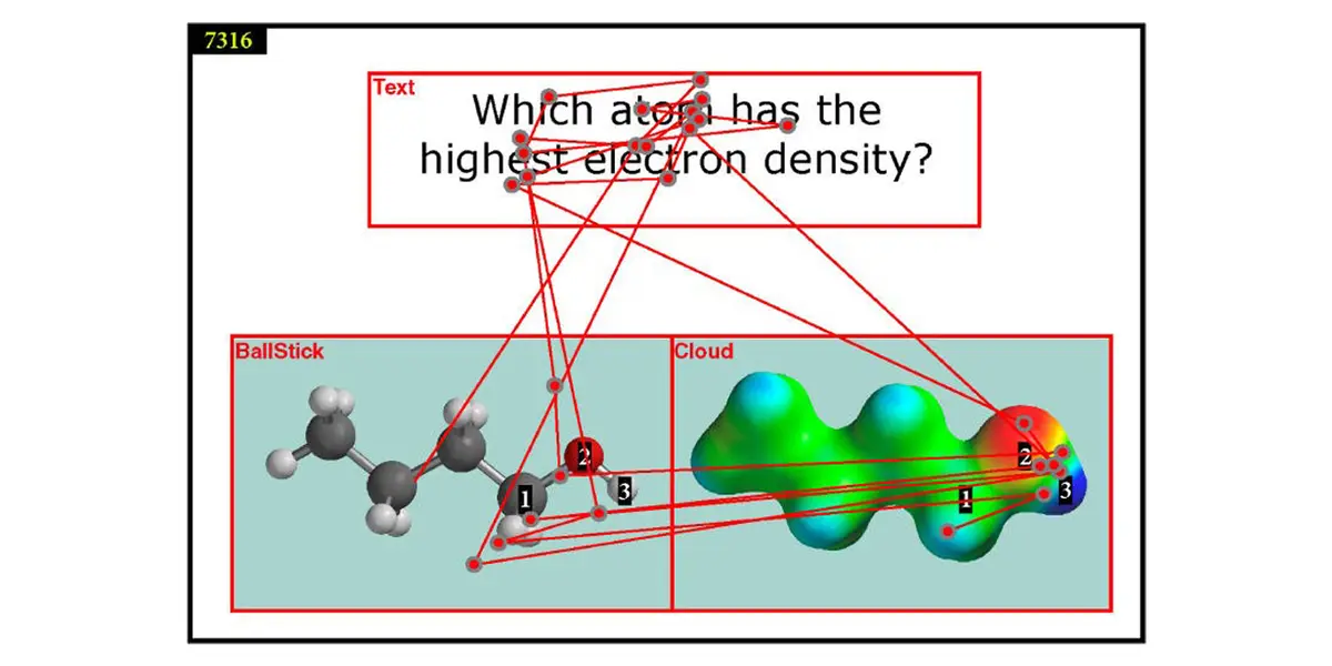 Student fixation pattern while using molecular representations to respond to chemistry question. Taken from Williamson, V. M.; Hegarty, M.; Deslongchamps, G.; Williamson, K. C., III; Shultz, M. J. J. Chem. Educ. 2013, 90 (2), 159.
