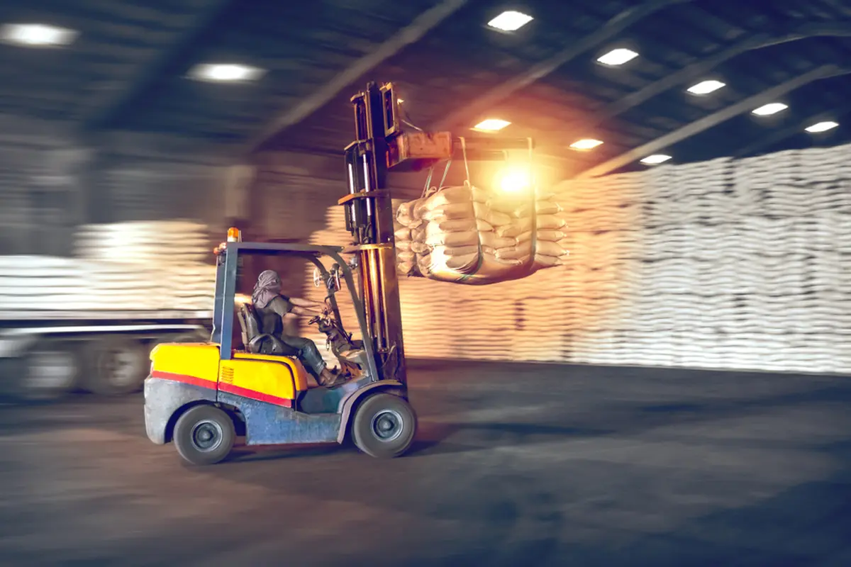 Forklift is carrying cargo.