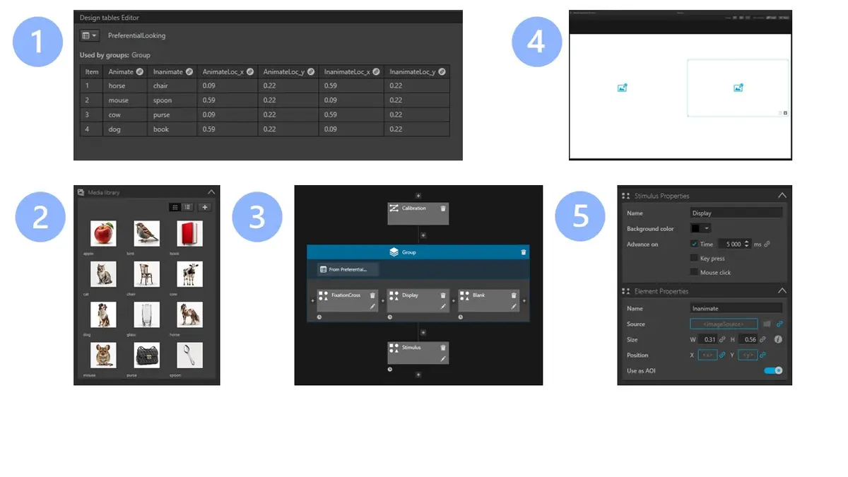 Picture 2.   1.) The trials and stimulus combinations are planned in a spreadsheet, which is then loaded into the ASP, referred to as the Design Table. 2.) All media files need to be imported into the Media Library. 3.) The workflow of the experiment is constructed in the Experiment Structure. You can add a group that will allow you to present a sequence of stimuli 4.) Within the group, the template for the stimuli can be built. 5.) Stimulus and element properties can be set manually or through links to specific columns of the Design Table.  