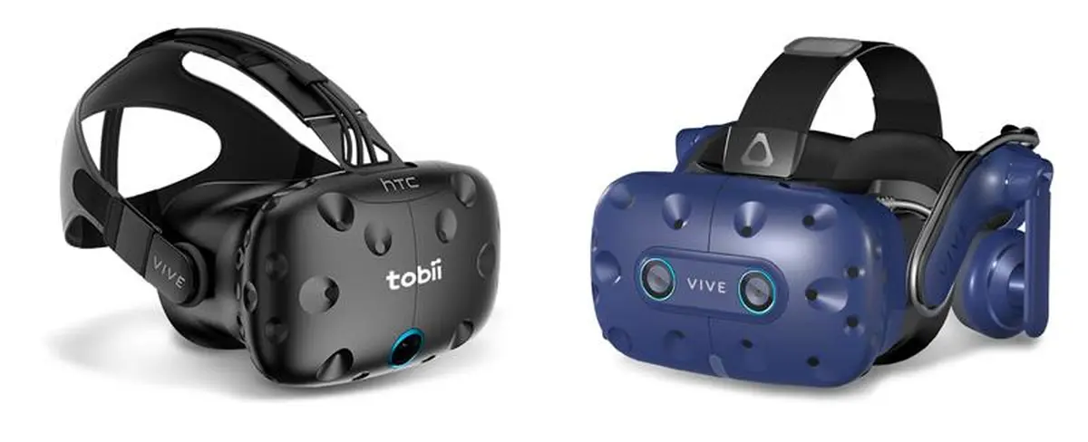 À gauche : casque VIVE VR avec eye tracking intégré. A droite : VIVE Pro Eye avec intégration matérielle de l'Eye tracking.