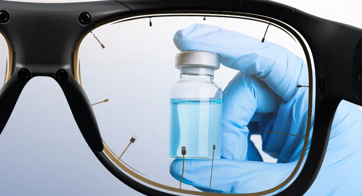 Visual inspection of a vial containing a solution through eye tracking glasses