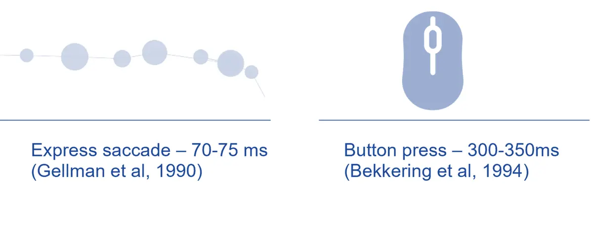 Das Schema veranschaulicht die Unterschiede in der zeitlichen Auflösung einer sakkadischen Reaktion im Vergleich zu einem Tastendruck (Bekkering et al., 1994; Gellman et al., 1990).  