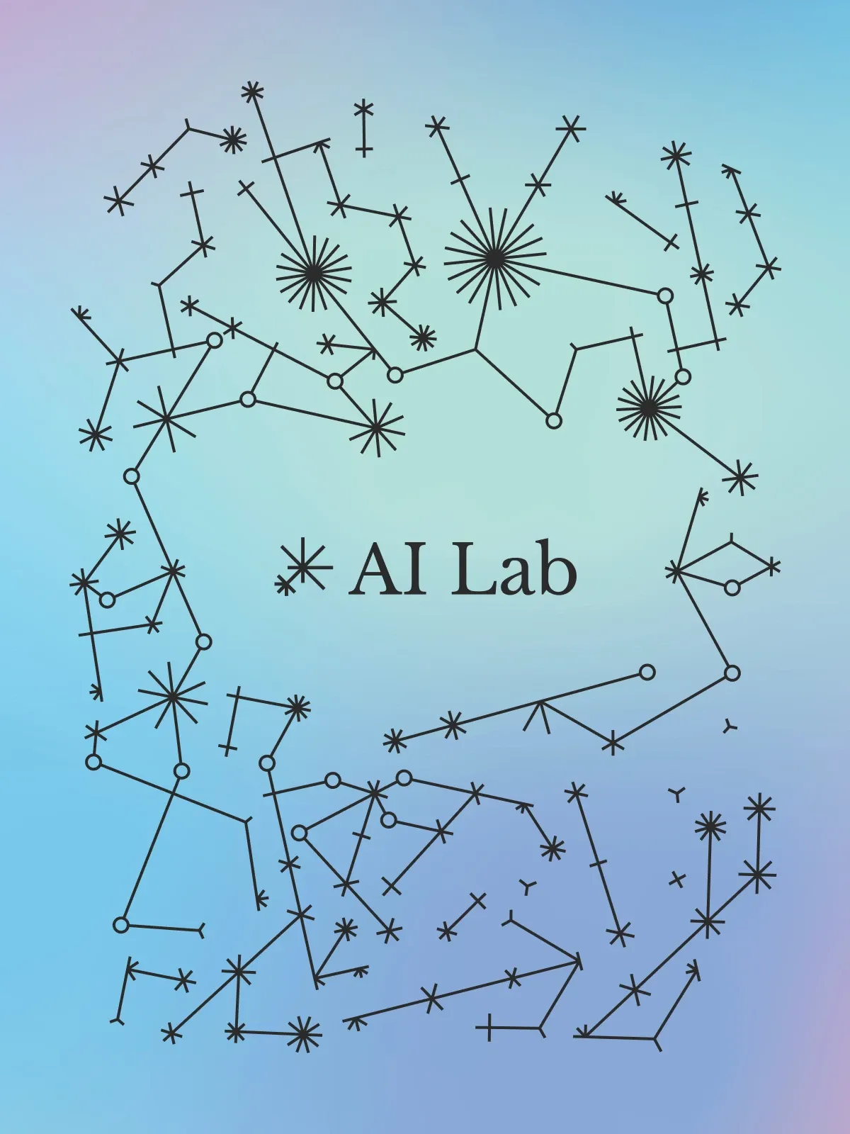 Abstract neural network design with "AI Lab" text, on a gradient background of blue and purple.