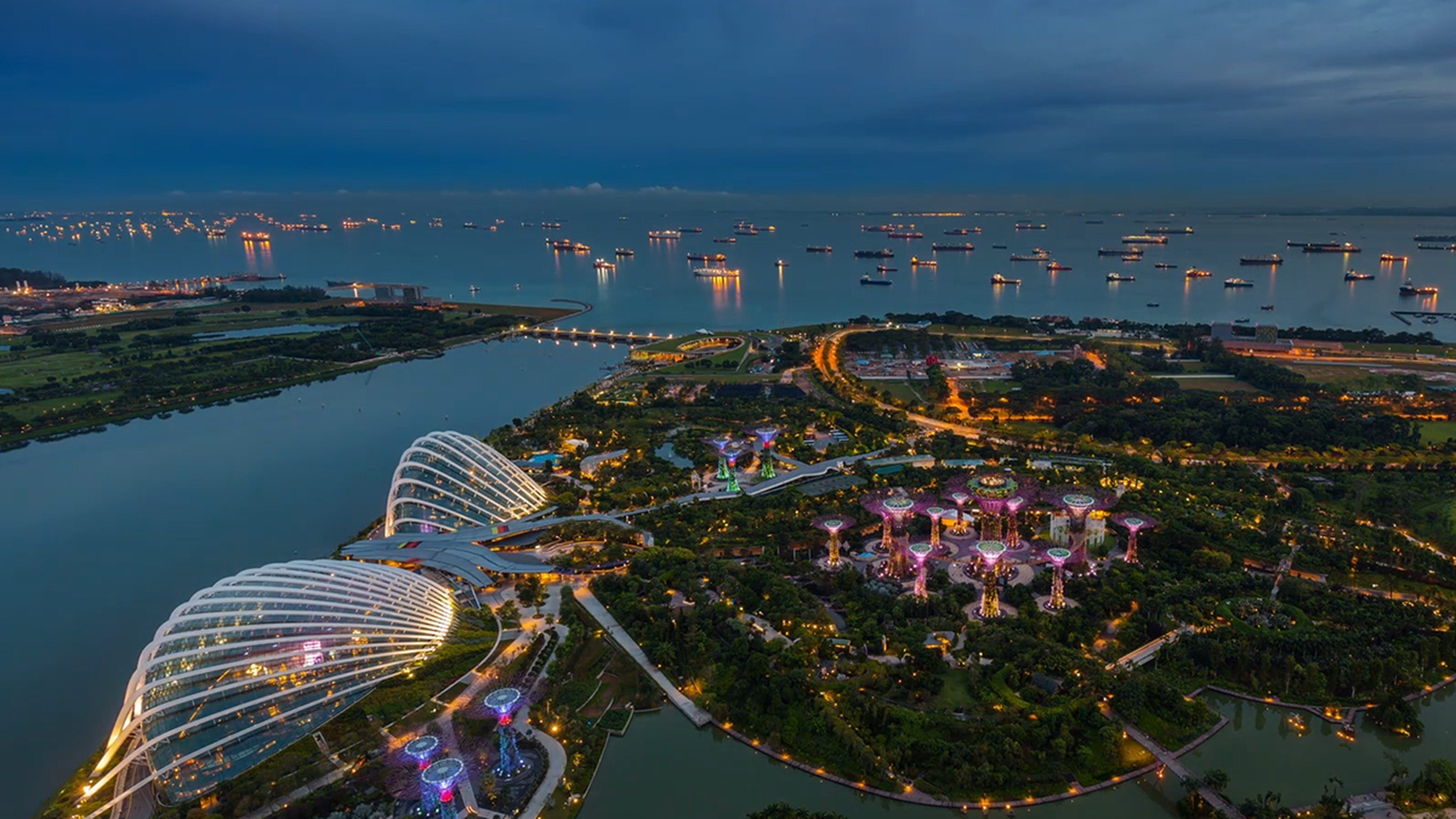 Aerial view of illuminated Gardens by the Bay in Singapore at dusk, with nearby waterfront.