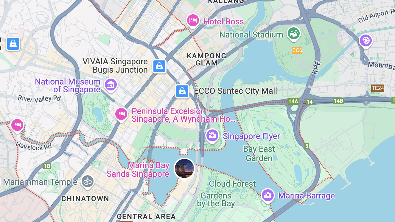Map of central Singapore highlighting landmarks, including Marina Bay Sands, Singapore Flyer, Gardens by the Bay, and National Stadium.