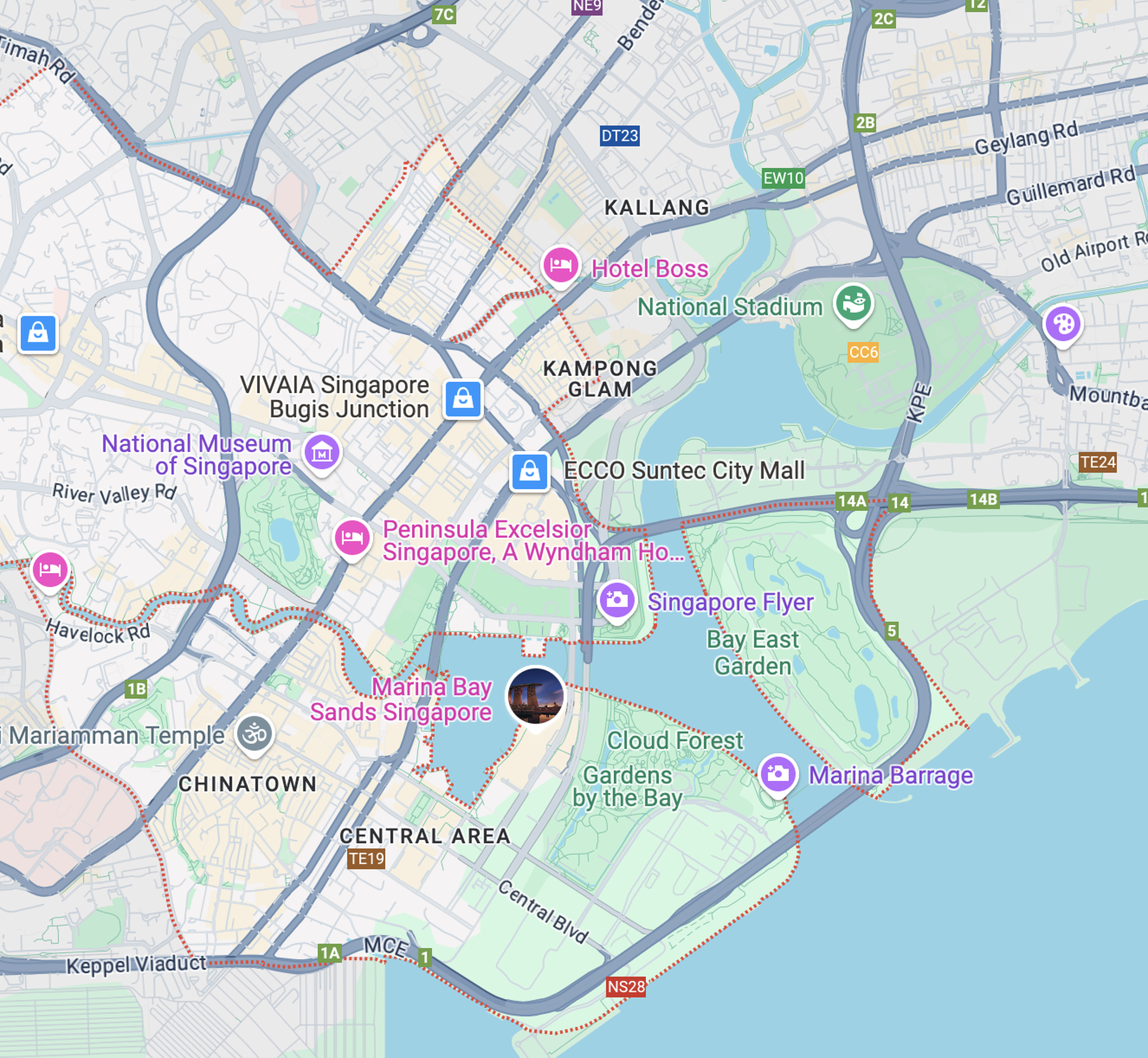 Map of central Singapore highlighting landmarks, including Marina Bay Sands, Singapore Flyer, Gardens by the Bay, and National Stadium.