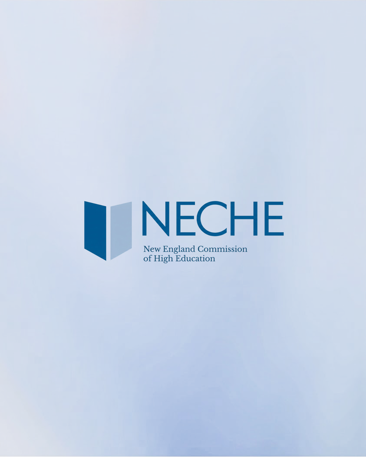 NECHE logo with blue geometric shapes on a light blue background.