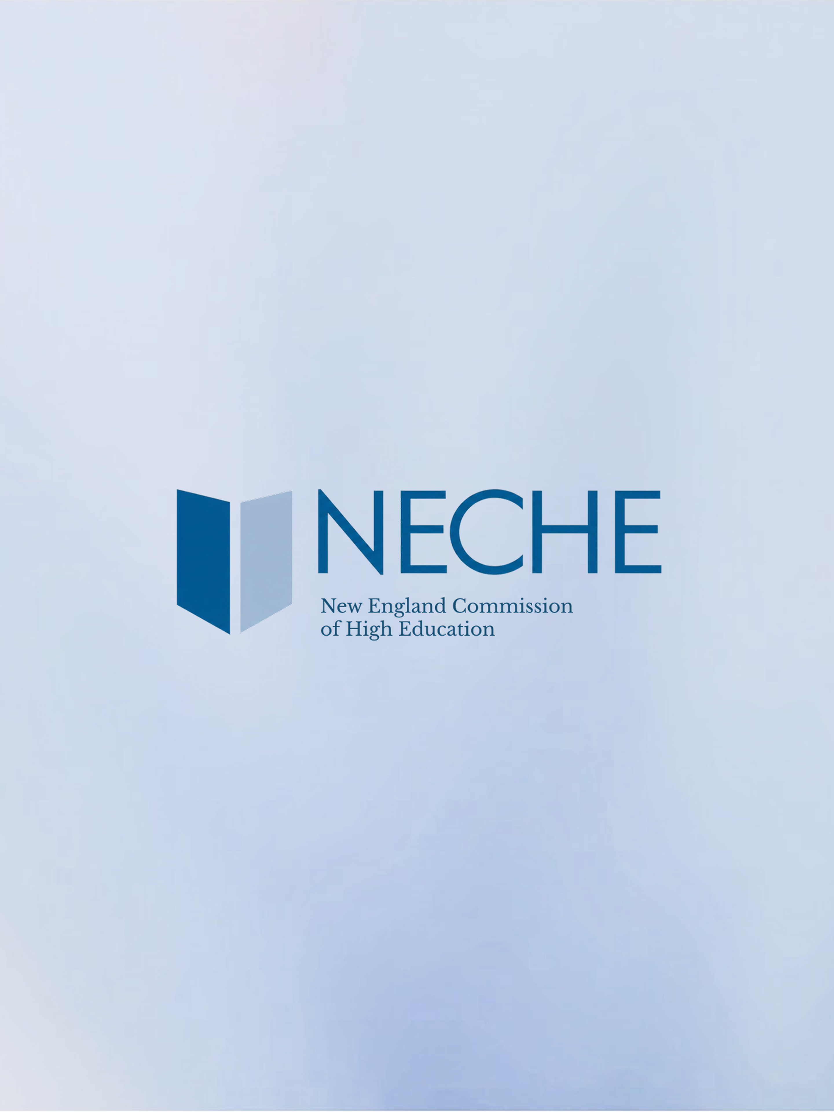 NECHE logo with blue geometric shapes on a light blue background.