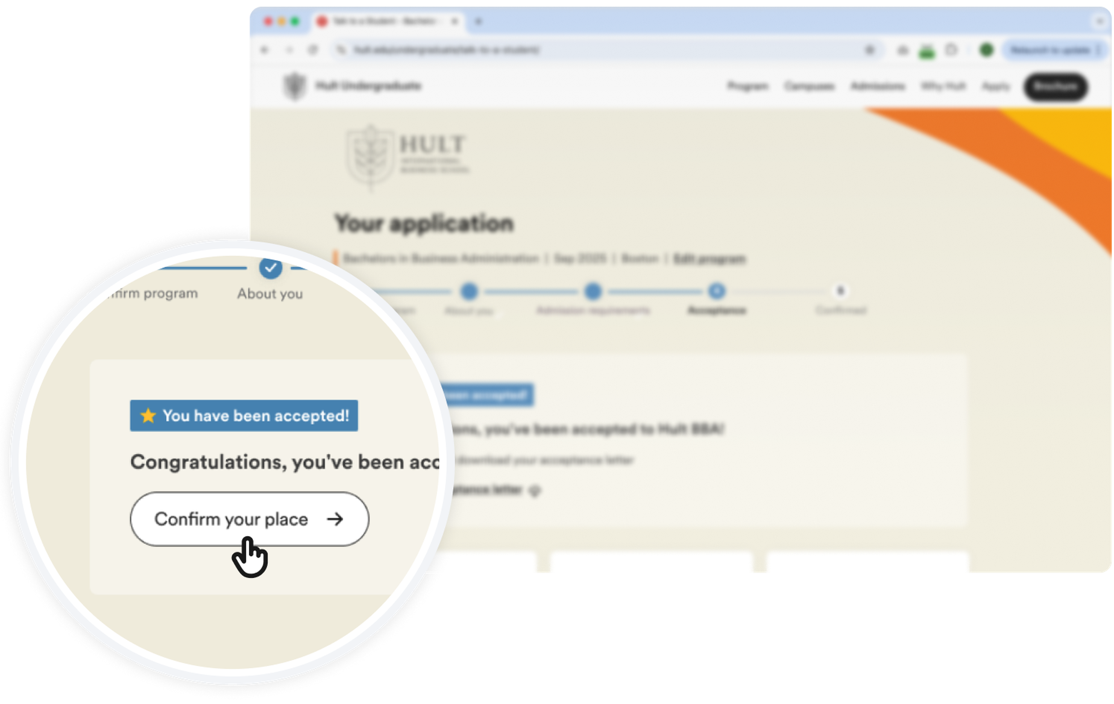 Website screenshot showing a confirmation message of acceptance for an educational program.