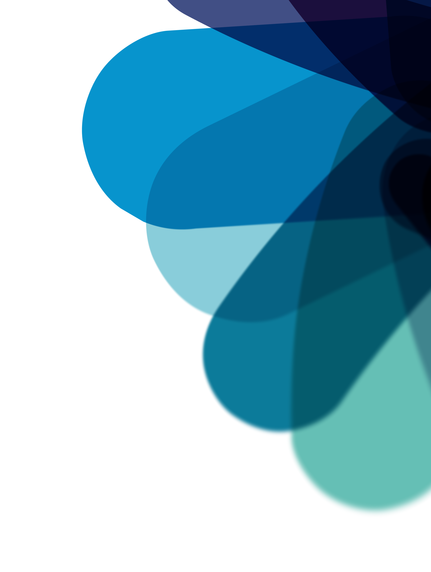 Abstract blue and teal overlapping petal shapes against a black background.