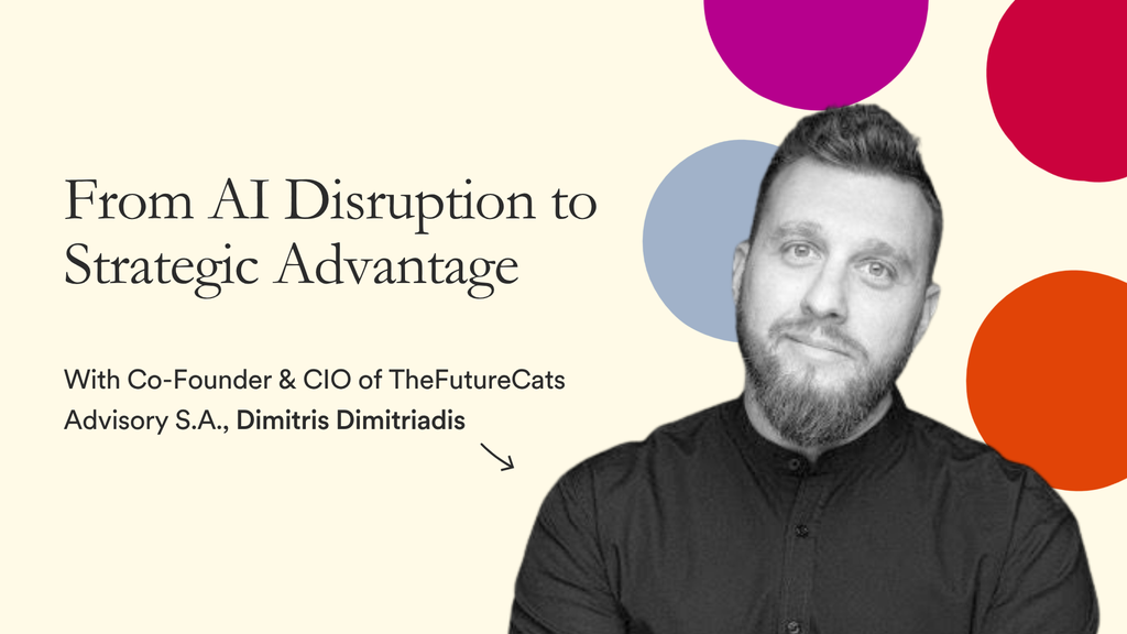 Man in black shirt next to title "From AI Disruption to Strategic Advantage" with colorful circles.