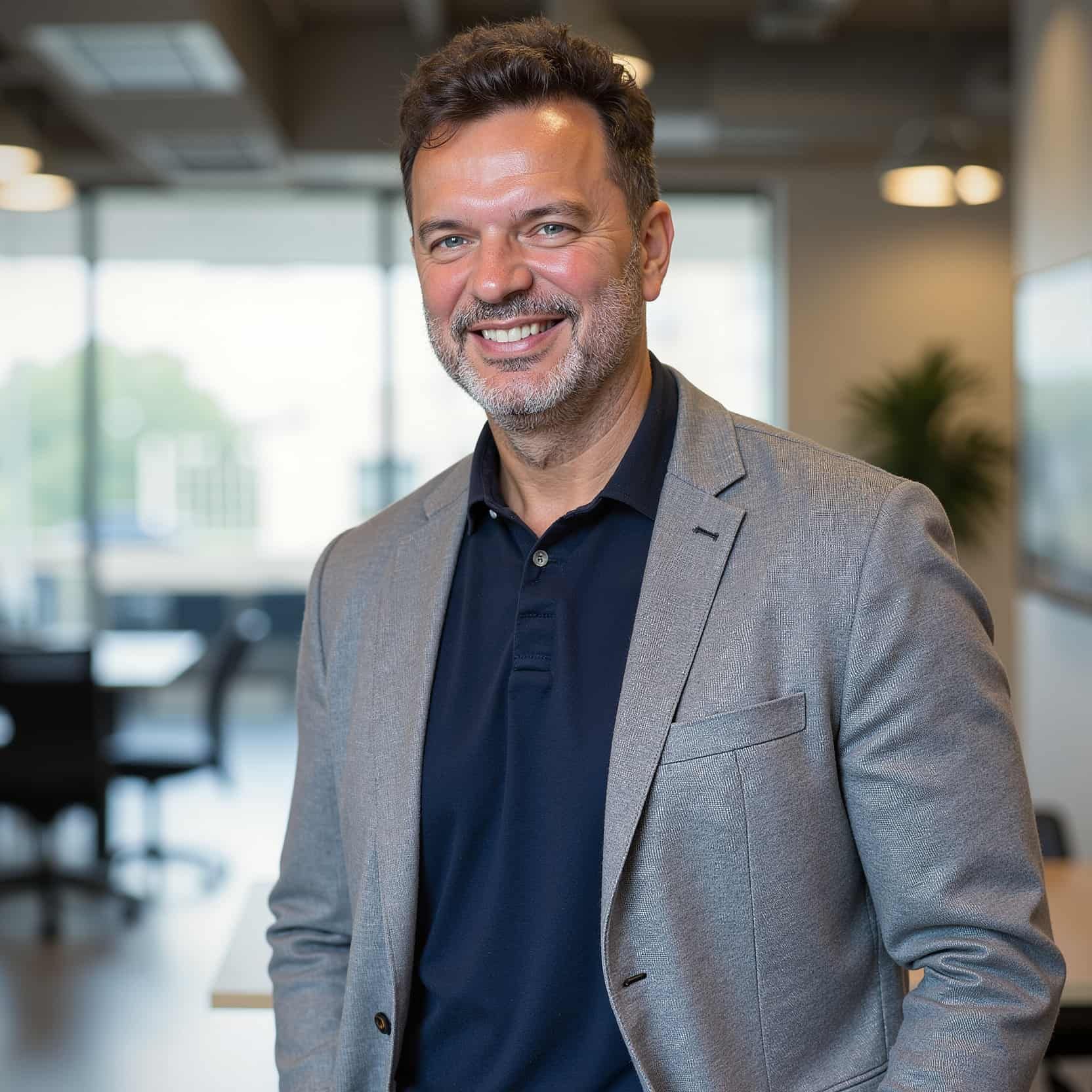Smiling man in a gray blazer stands in a modern office.