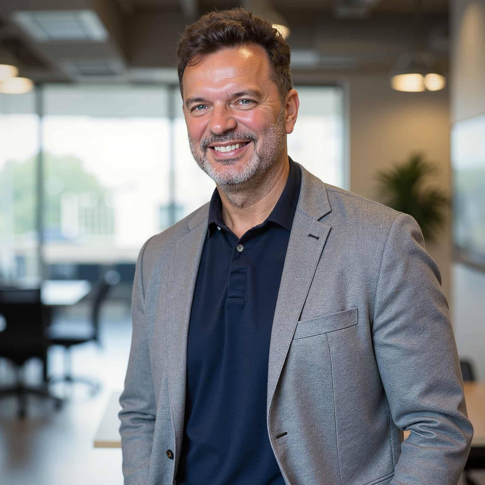 Smiling man in a gray blazer stands in a modern office.