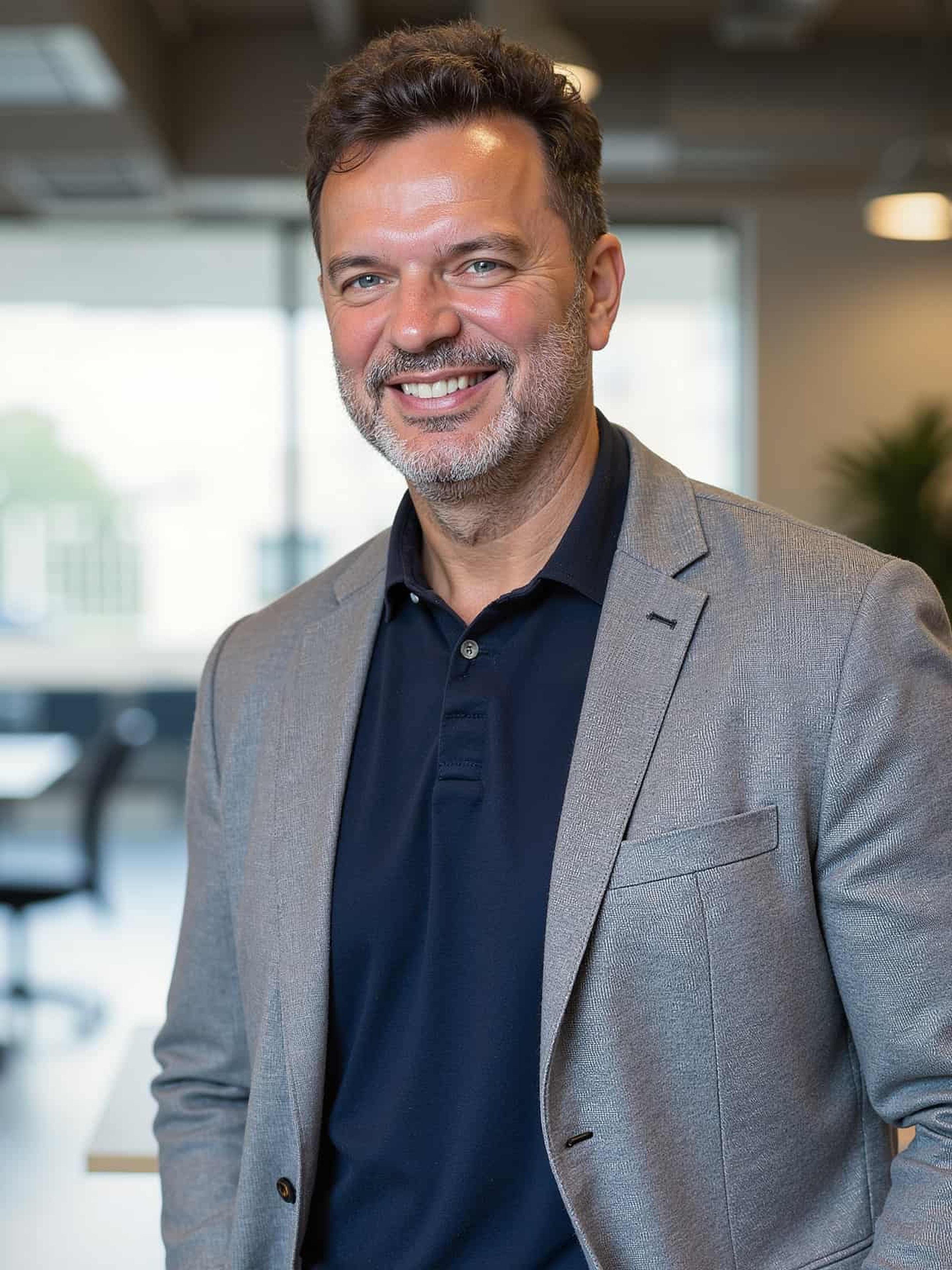Smiling man in a gray blazer stands in a modern office.
