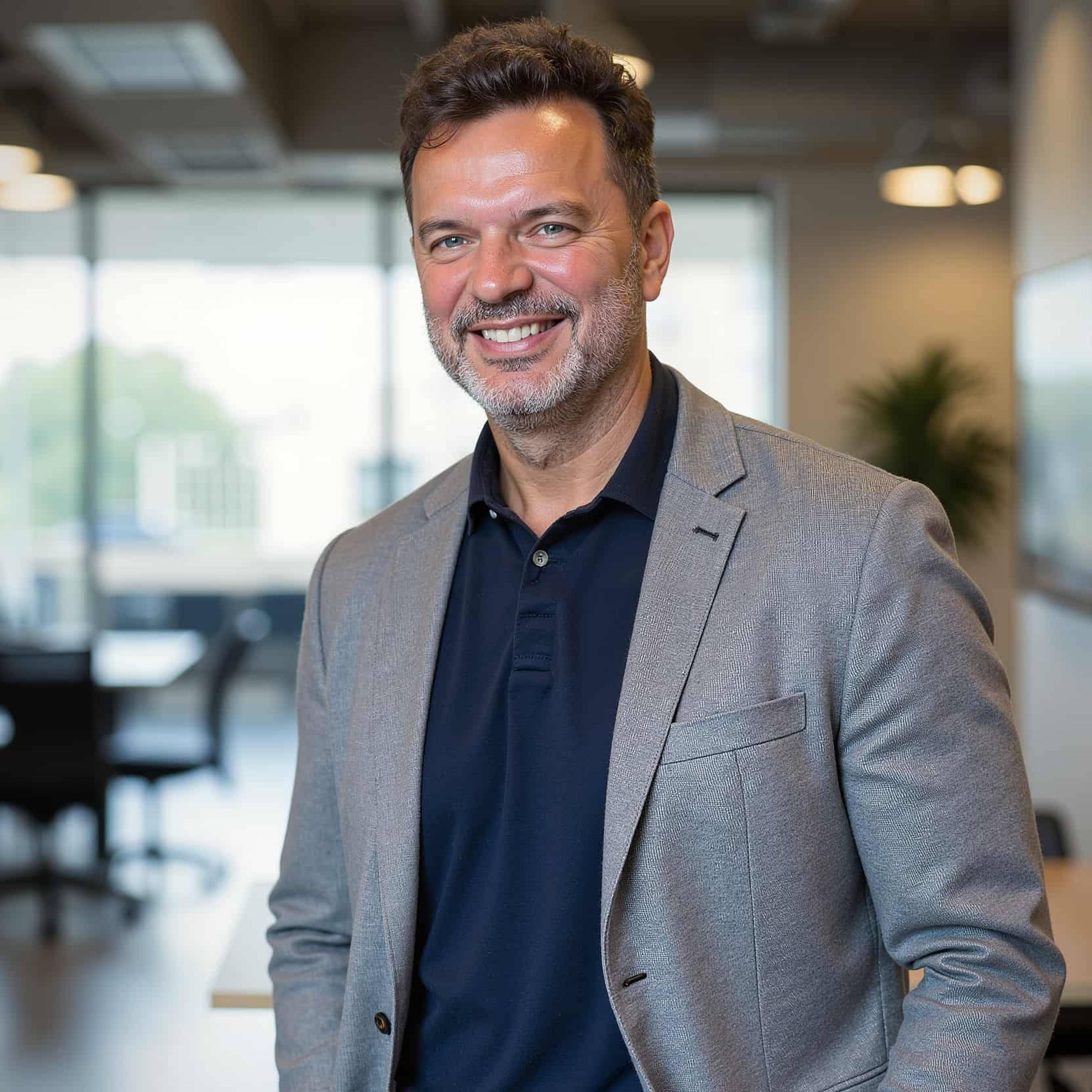 Smiling man in a gray blazer stands in a modern office.