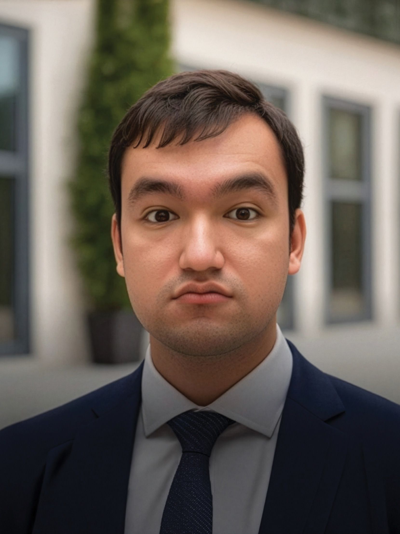 Man in a suit and tie standing outdoors, with blurred buildings and greenery in the background.