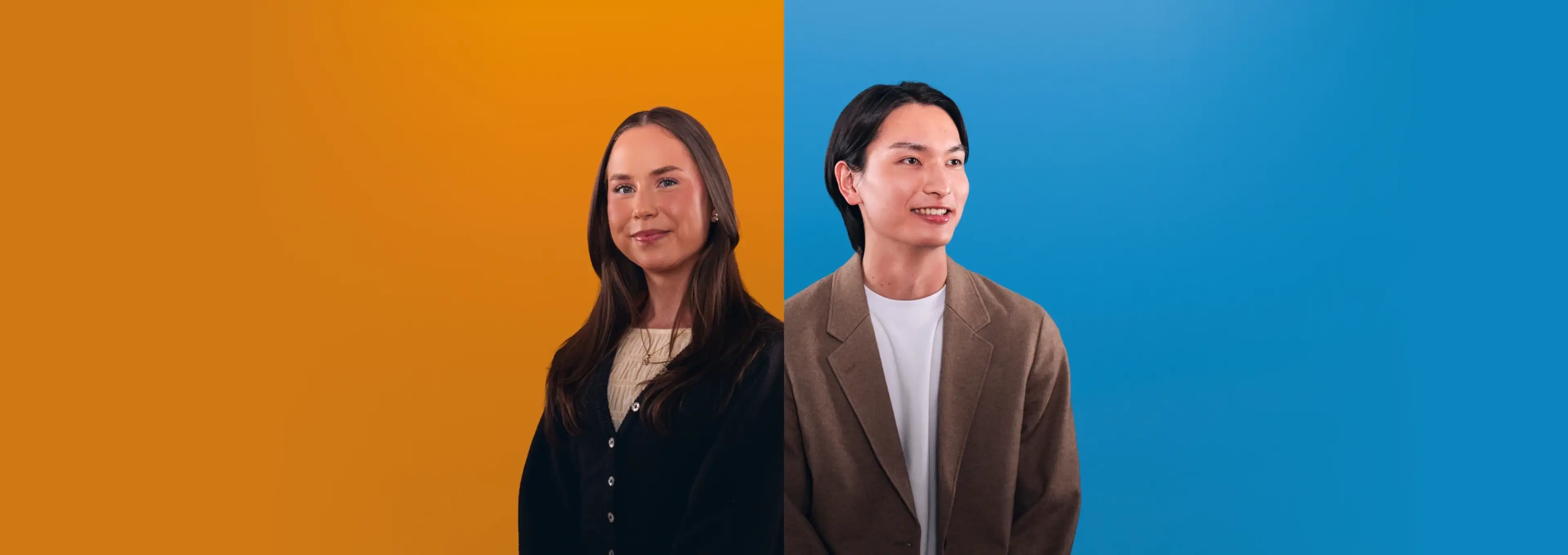 Two people posing side by side; one on an orange background, the other blue.