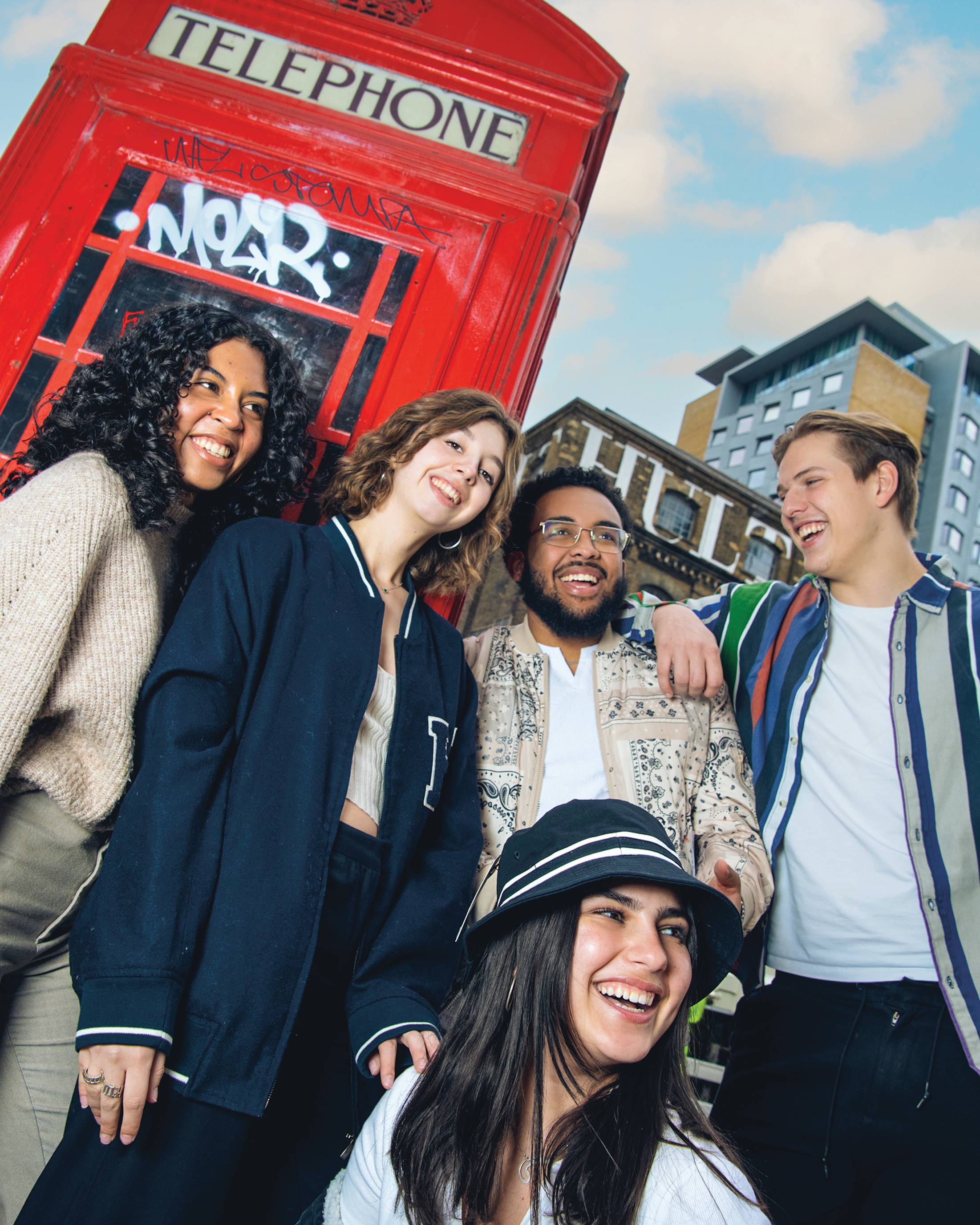 Hult students in front of telephone box, London