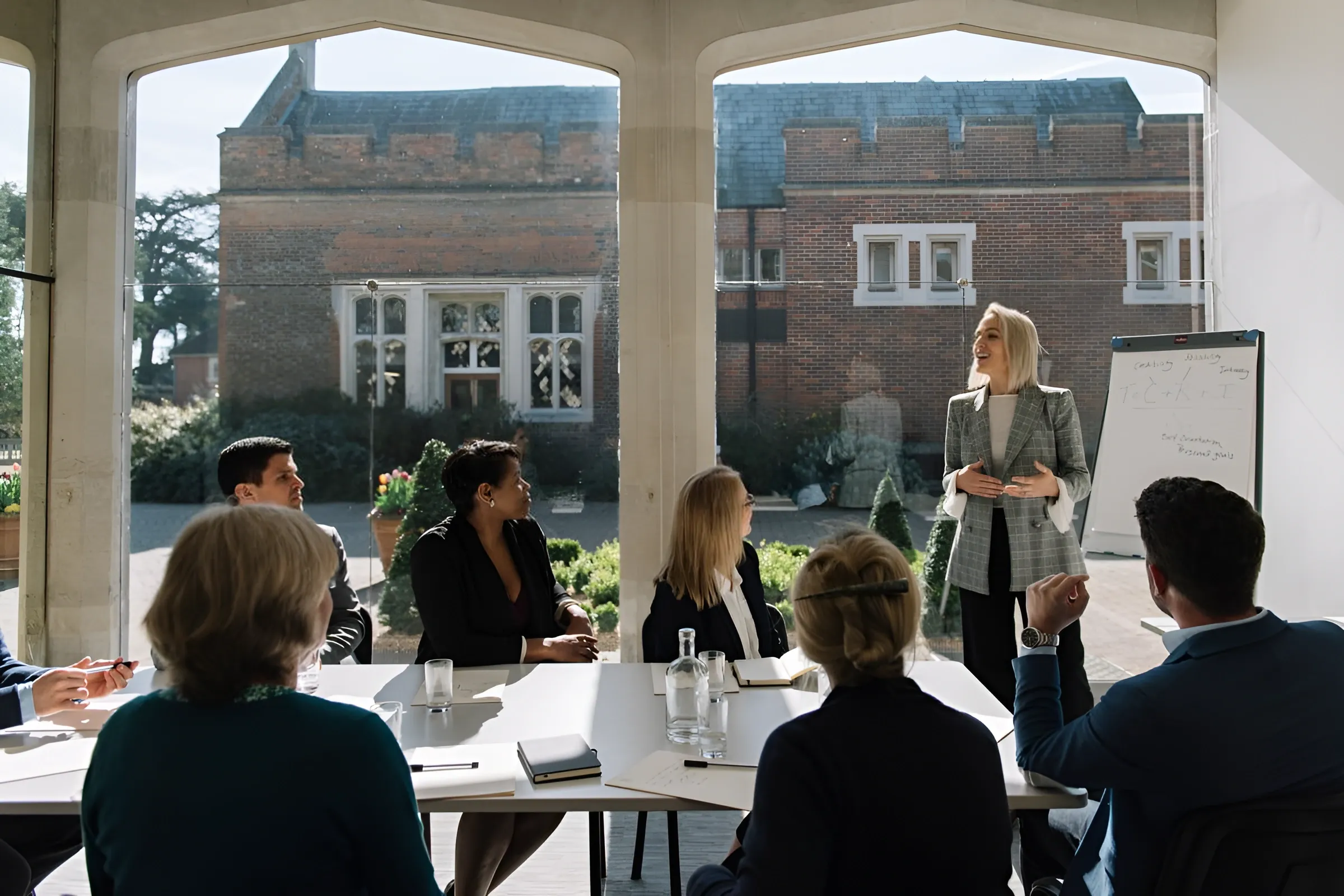 A woman presents to a group of people seated at a table in a bright room.